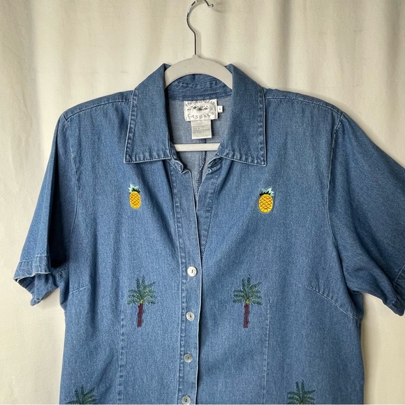 Vintage Denim Shirt Pineapple Palm Tree‎ Embroidery Hawaiian Size L - Picture 4 of 13